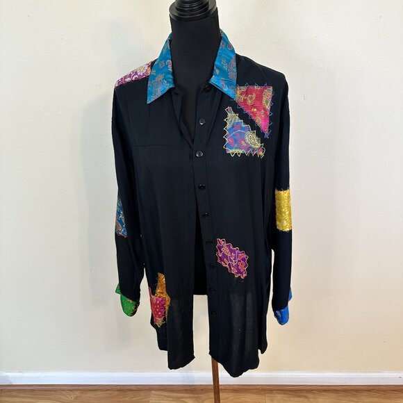 Sacred Threads Black Patchwork Shirt & Pants Set Medium NWT Rayon Art to Wear - Picture 5 of 16